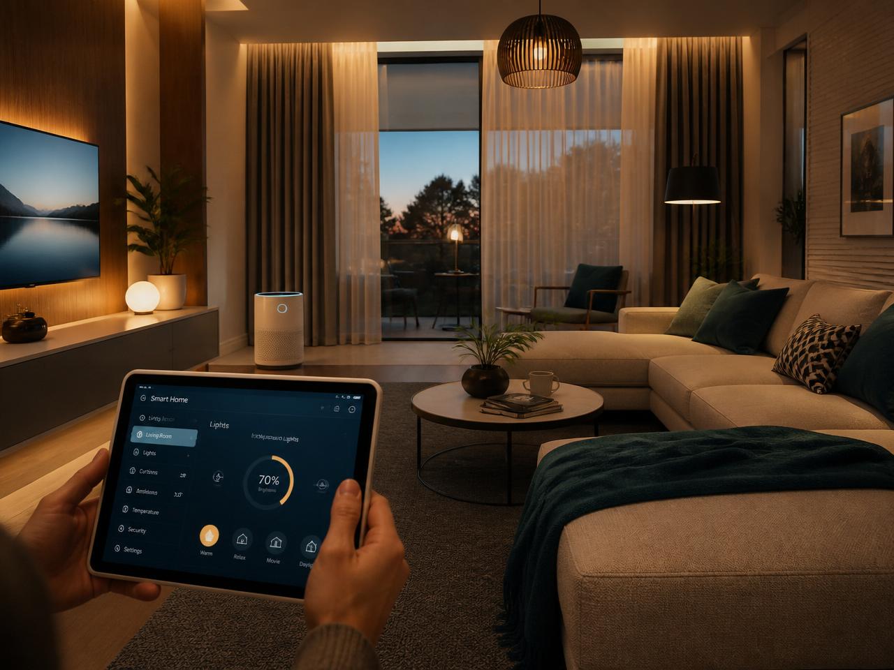 Sala de estar com automação residencial controlada por tablet