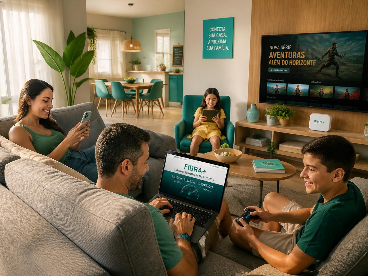 Família usando internet fibra em vários dispositivos